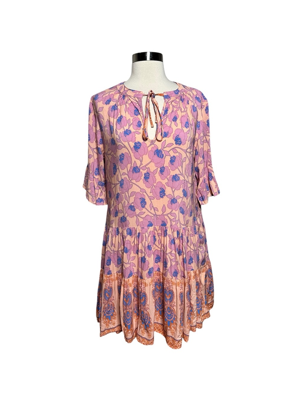 Petal + Pup Pink Purple Floral Tiered Keyhole Tie Neck Mini Dress US 6